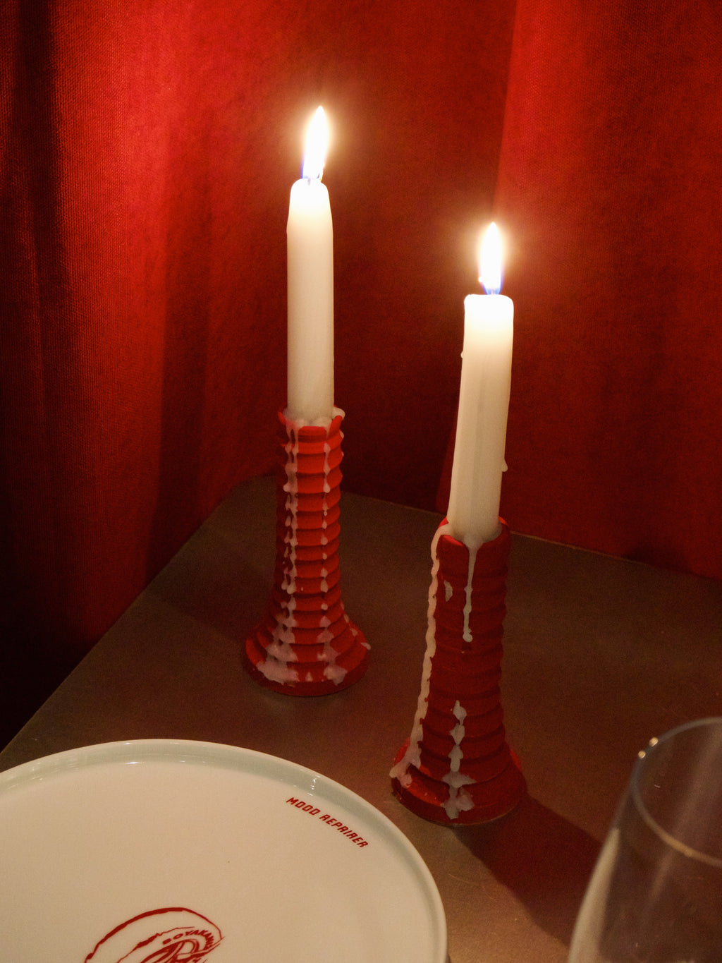 Handmade stoneware column candlestick in Velvet Red by Naeos Ceramics